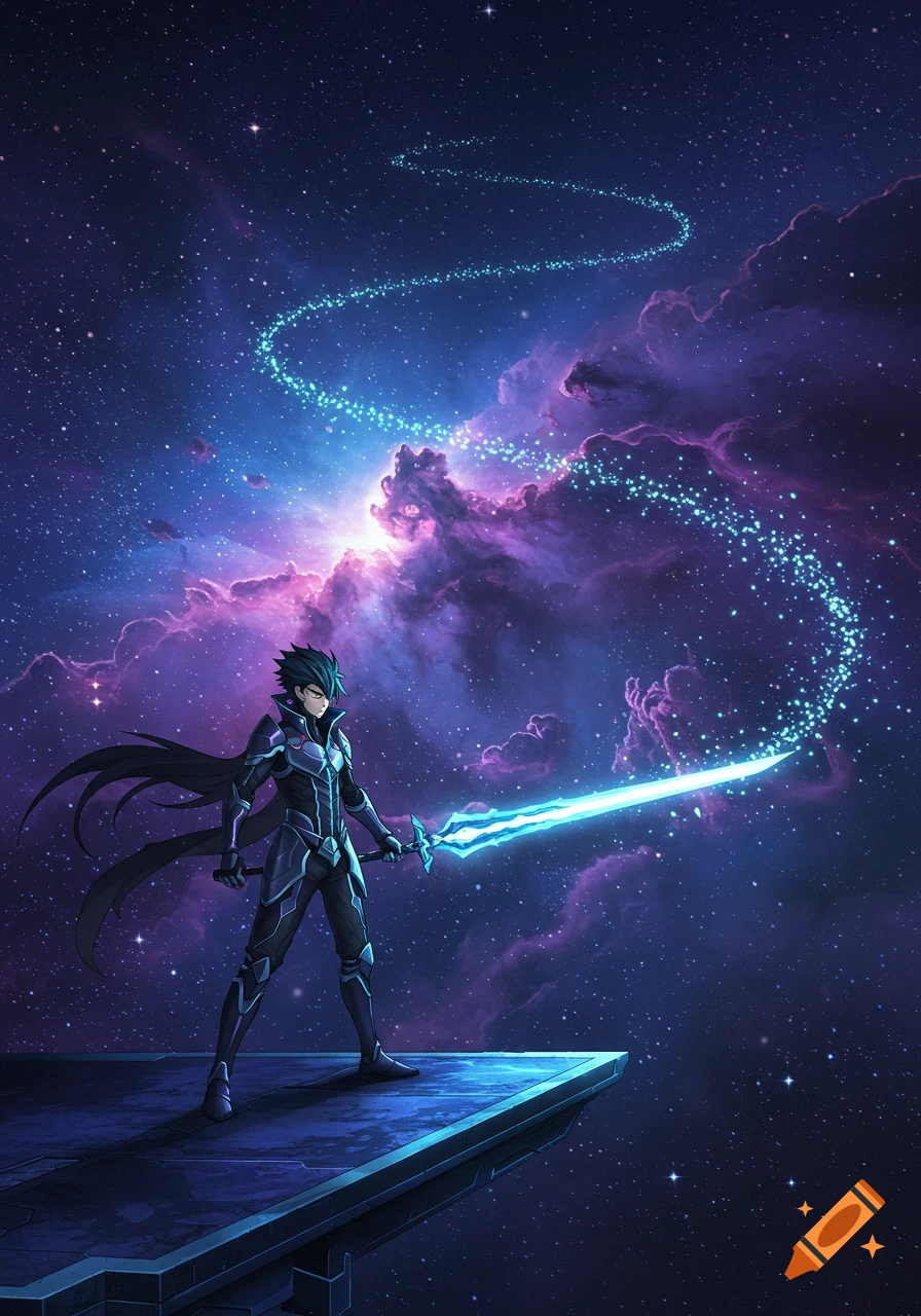 An anime character with a glowing sword stands on a platform overlooking a starry purple and blue nebula.