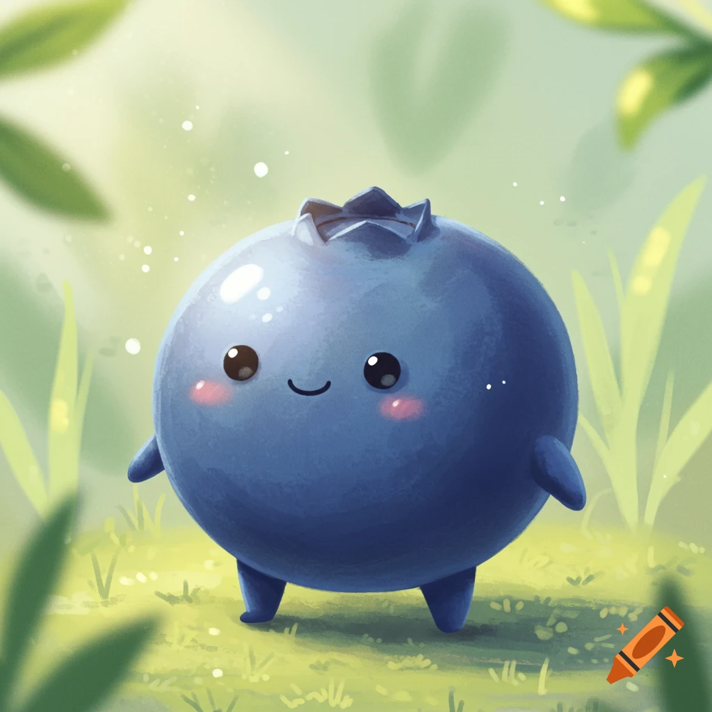 A cute, smiling cartoon blueberry character with small limbs stands in a sunlit green field with soft foliage.