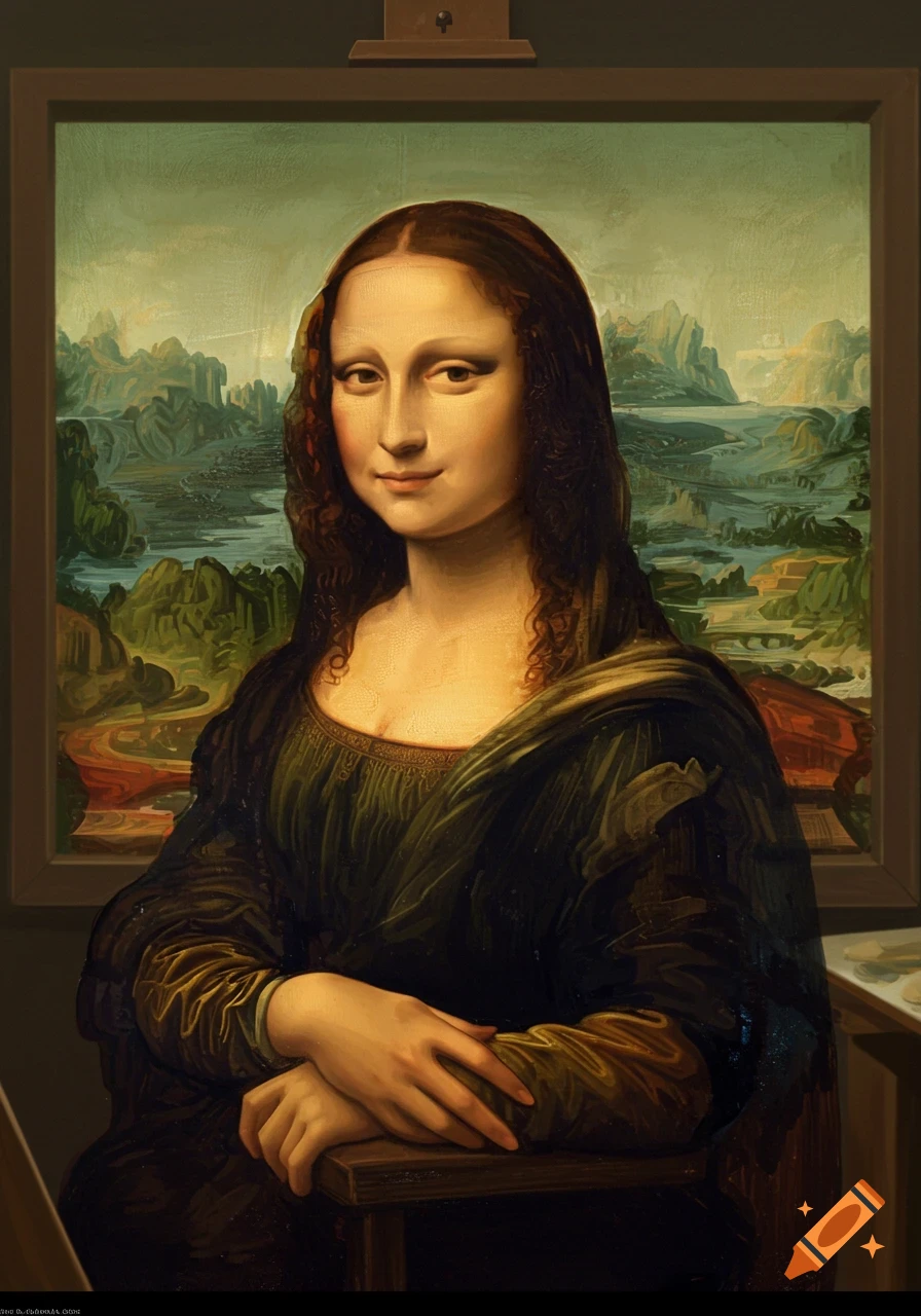 A stylized painting of the Mona Lisa, showing the woman from the chest up, with her hands clasped, against a detailed landscape background.