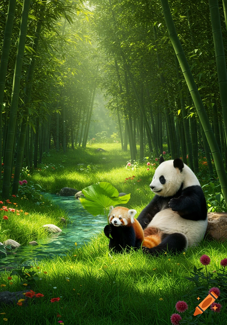 A giant panda and a red panda sit by a stream in a sunlit bamboo forest. Photorealistic.