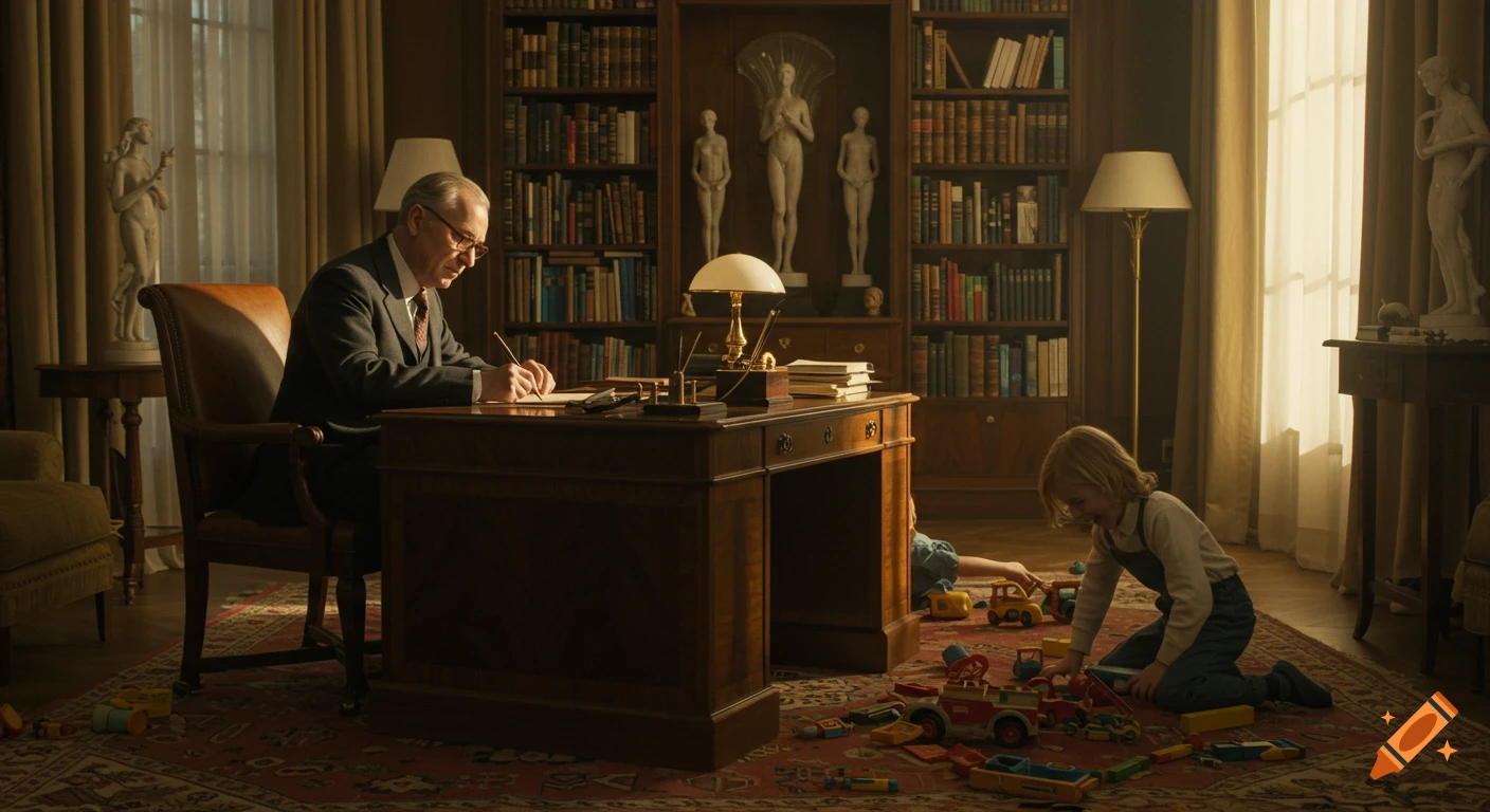 An old man writes at a desk while a child plays on the rug in a warm, stately library with bookshelves and statues. Photorealistic.