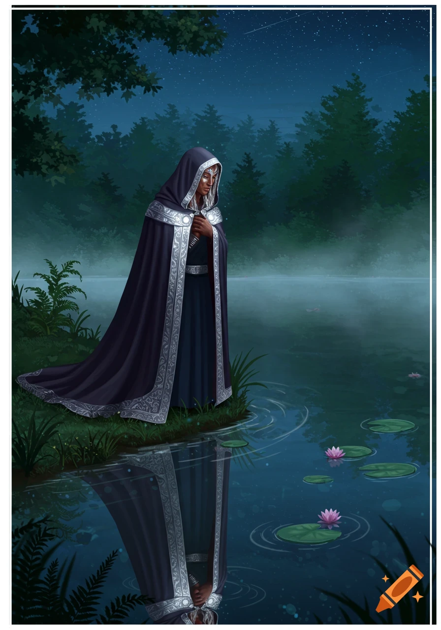 An illustration of a cloaked person standing by a pond at night, looking at their reflection amidst lily pads.