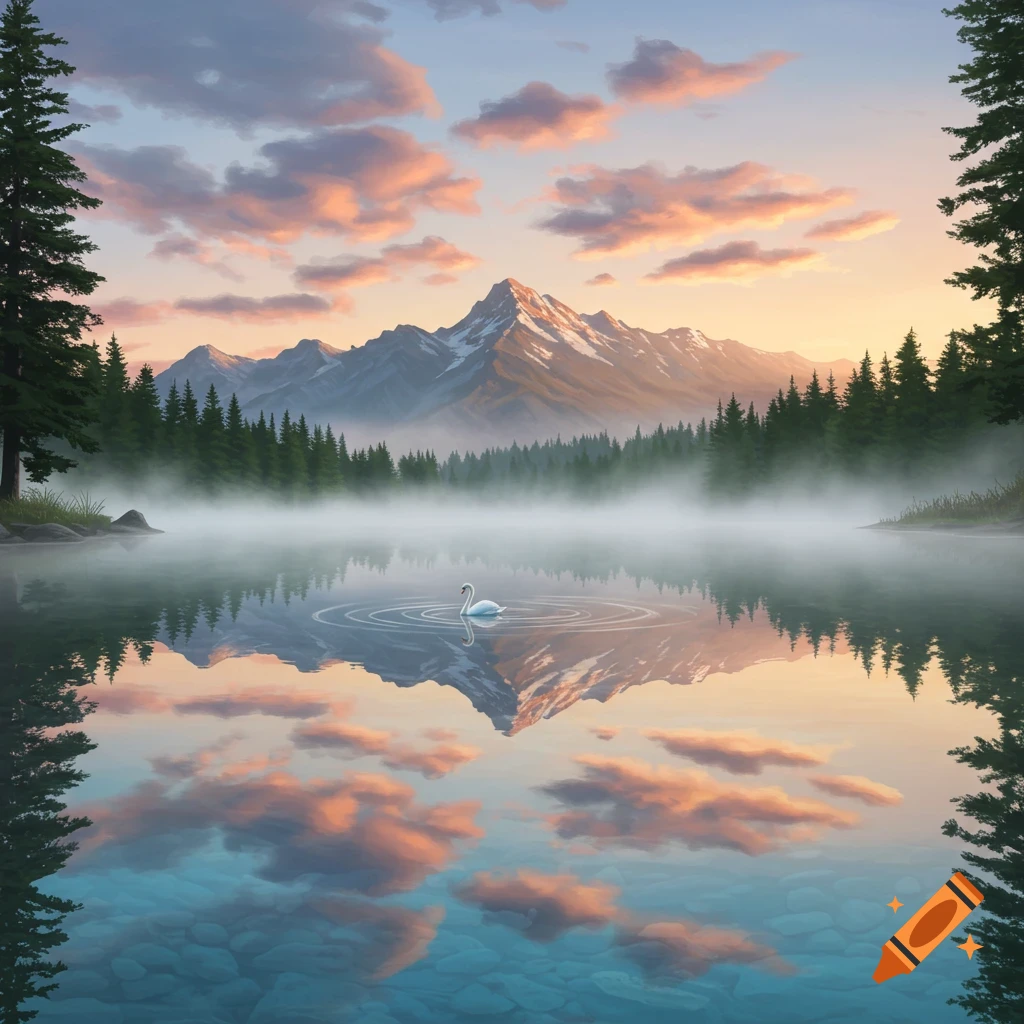 A white swan glides on a misty lake reflecting mountains, pine trees, and a sunset sky.