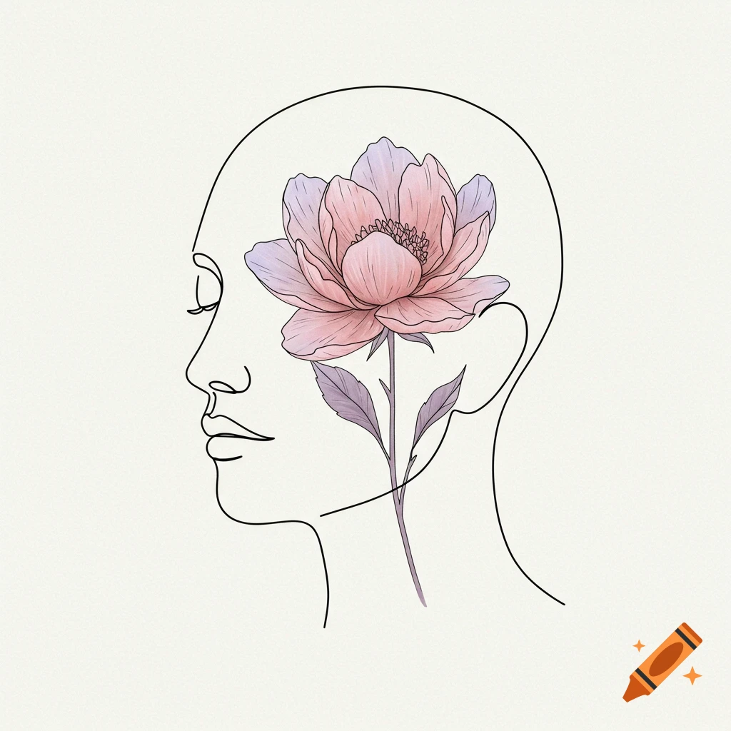 A minimalist line art drawing of a human head profile with a pink and purple flower growing inside it.