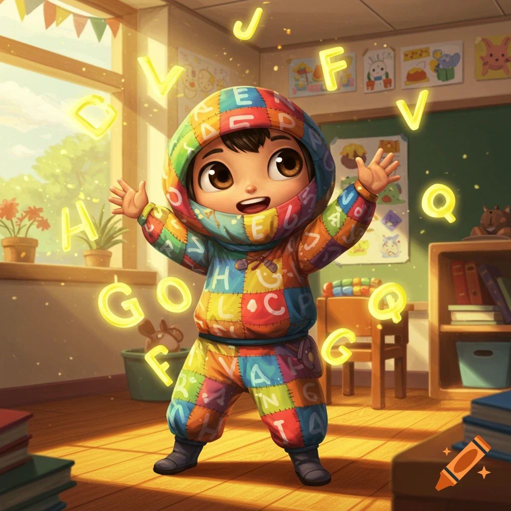 A cute cartoon child in a colorful patchwork letter suit in a bright classroom, surrounded by glowing letters.