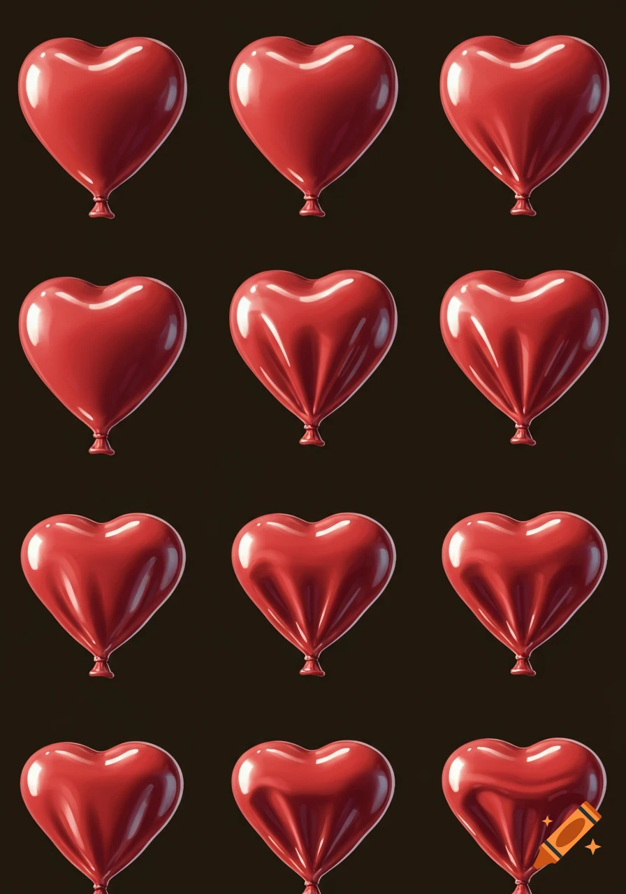 A spritesheet showing 12 shiny red heart-shaped balloons in various stages of deflating against a dark background.
