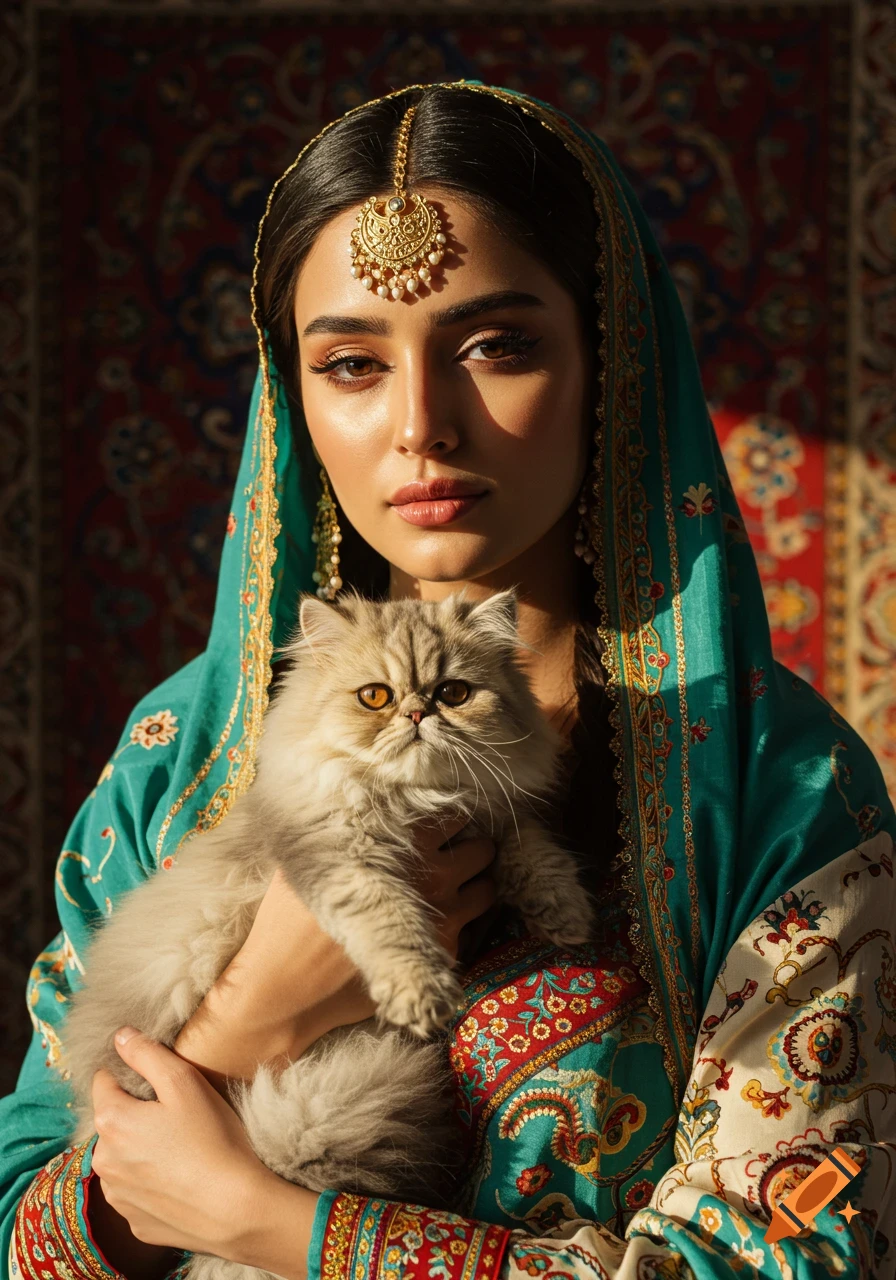 Photorealistic portrait of a young Iranian woman in traditional turquoise dress and gold jewelry, holding a fluffy Persian cat.