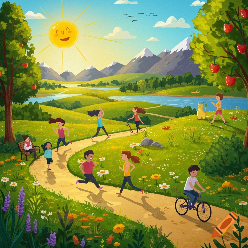 Whimsical illustration of people running, cycling, and walking in a sunny, vibrant green mountain landscape with a river and wildflowers.