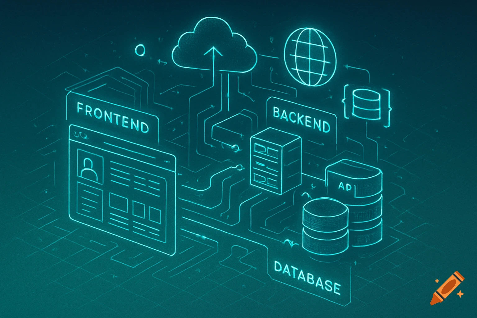 Neon outline diagram of internet application architecture showing frontend, backend, database, API, and cloud components.