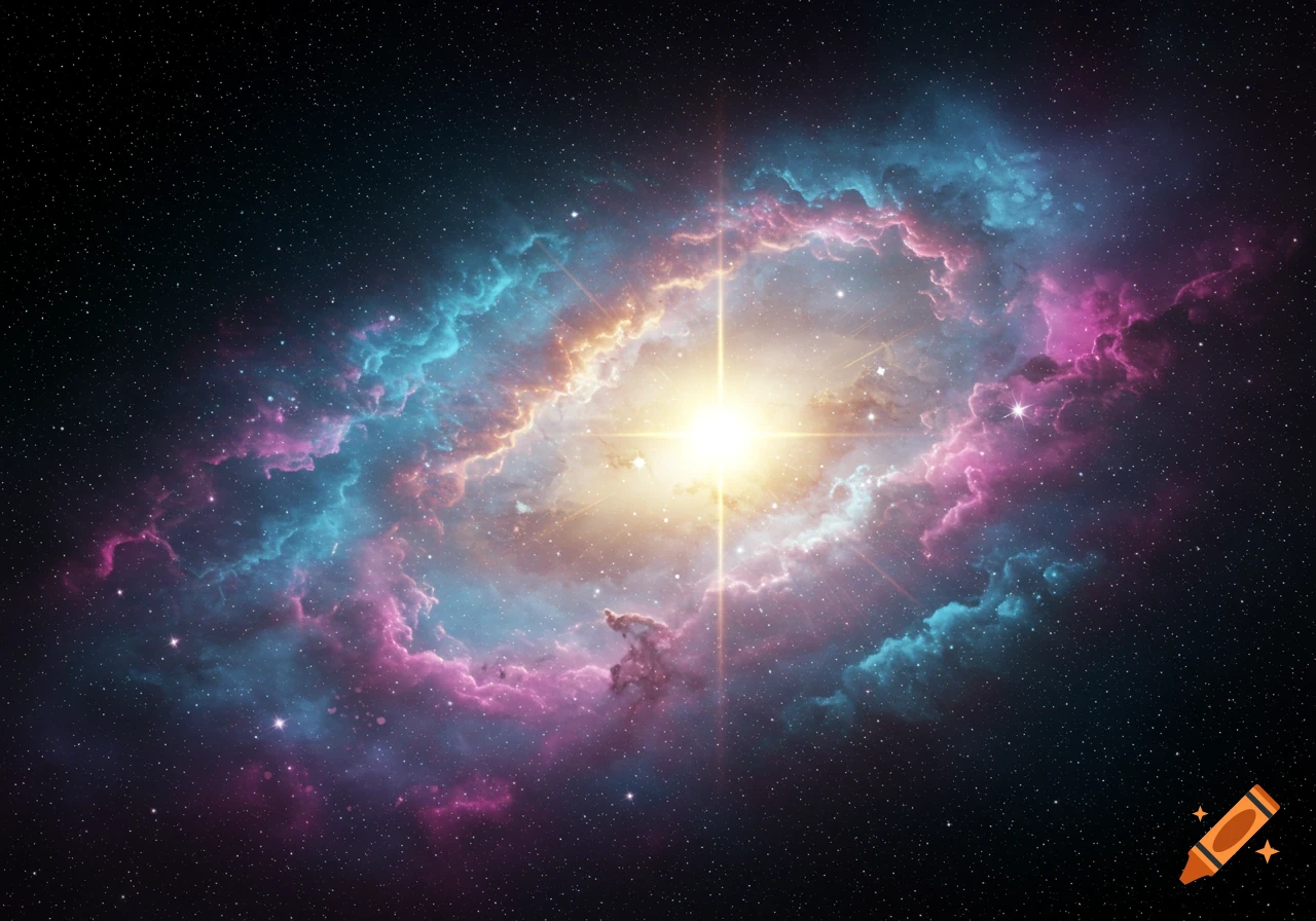 A vibrant nebula in deep space, with swirling clouds of pink, blue, and orange gas centered around a bright star.
