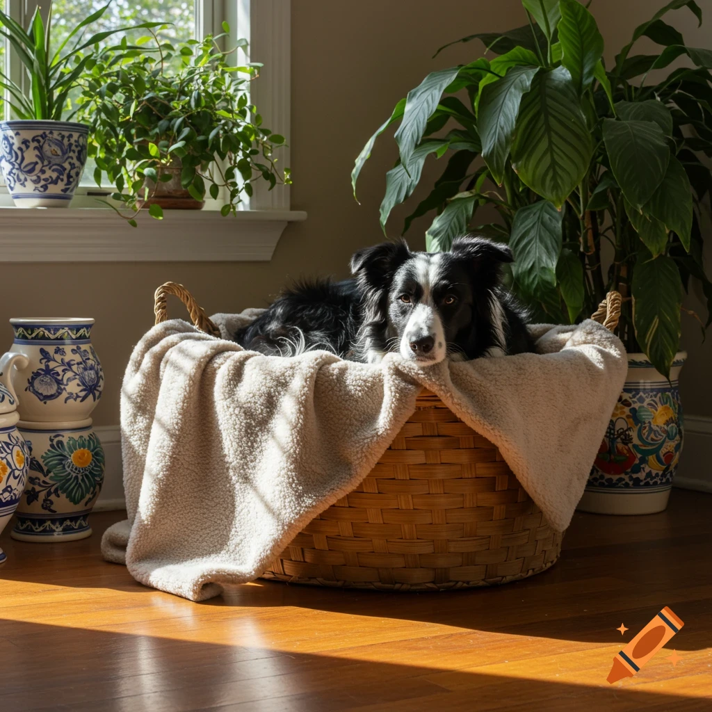 A black and white Border Collie lies comfortably in a large woven basket with a beige blanket, bathed in sunlight. Plants and decorative pots are visible in the background.