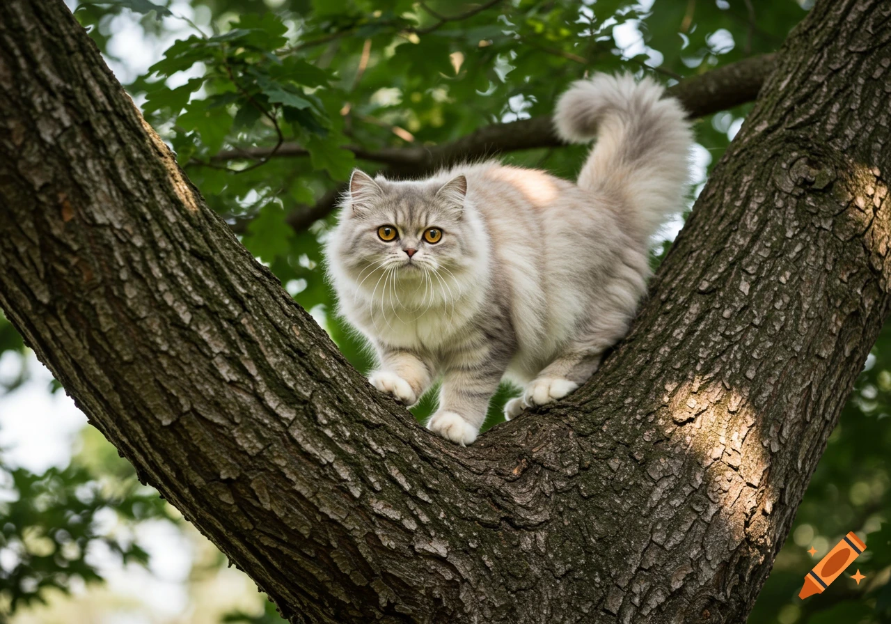 A fluffy silver and white Persian cat with striking yellow eyes perches on a textured tree branch, surrounded by green leaves.