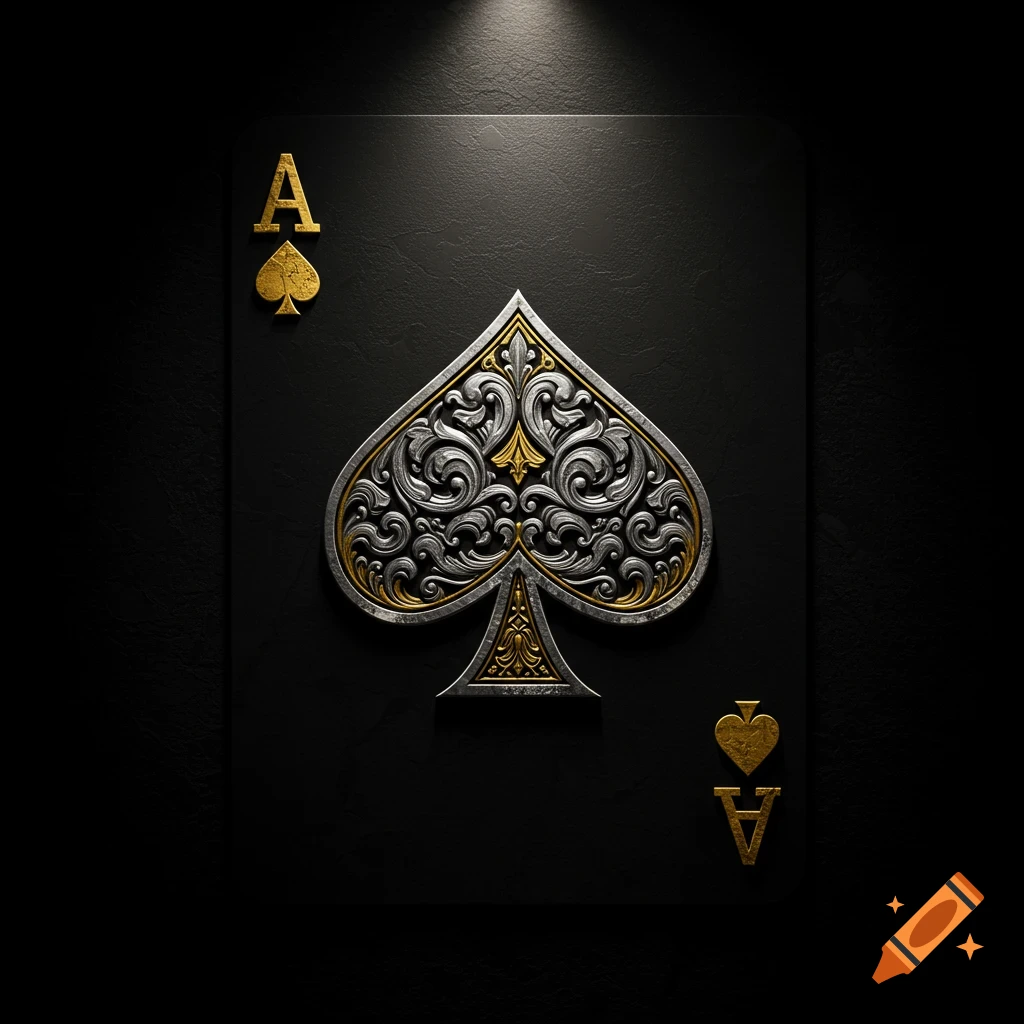 A dark, ornate Ace of Spades playing card with a silver and gold filigree design under a spotlight.