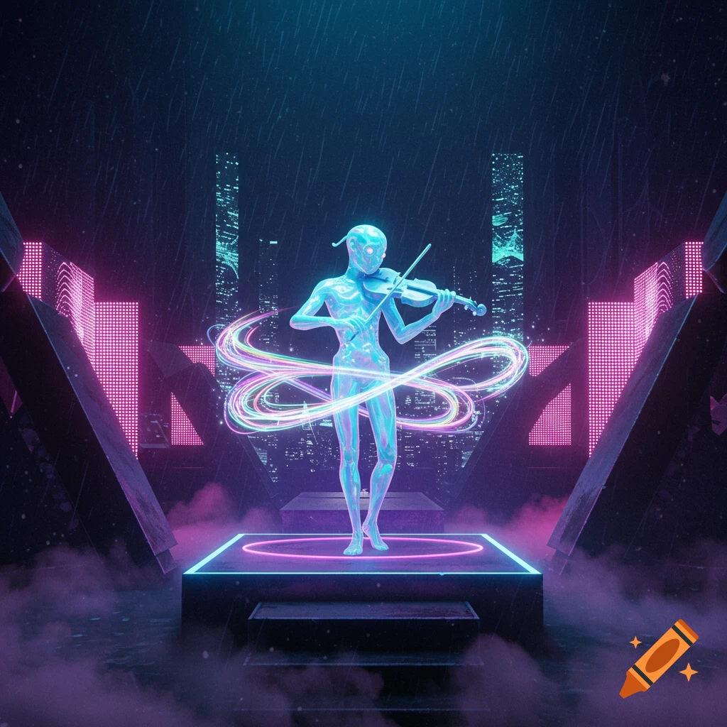 A stylized, glowing humanoid figure plays a violin on a neon-lit stage in a rainy, futuristic cyberpunk city.