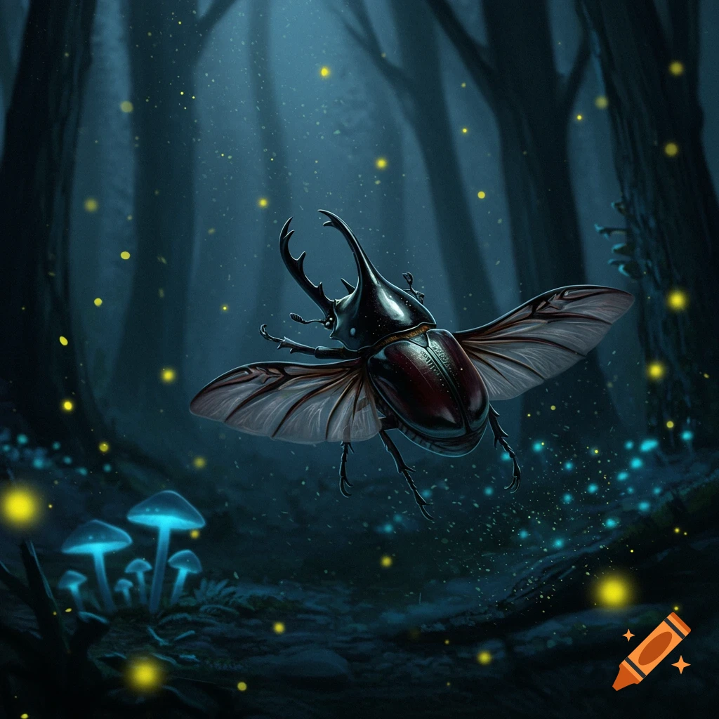 A black rhino beetle flies through a dark, magical forest at night, illuminated by glowing mushrooms and fireflies, digital art.