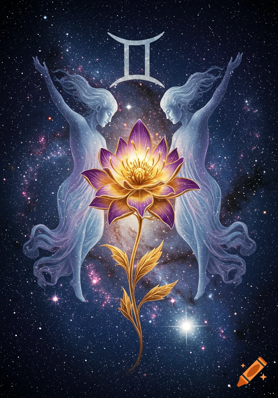 Ethereal Gemini twin figures flank a glowing purple and gold lotus flower against a vibrant galaxy background with the Gemini symbol.