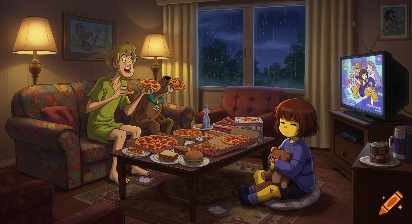 Shaggy and Scooby-Doo eat pizza on a couch while Frisk sits on the floor watching a TV showing cartoon characters, on a rainy night.