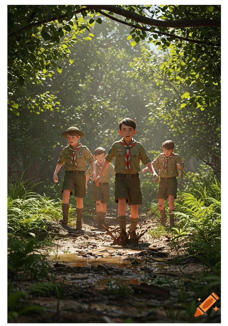 Three stylized boy scouts in uniform splash through a muddy, sunlit forest path.