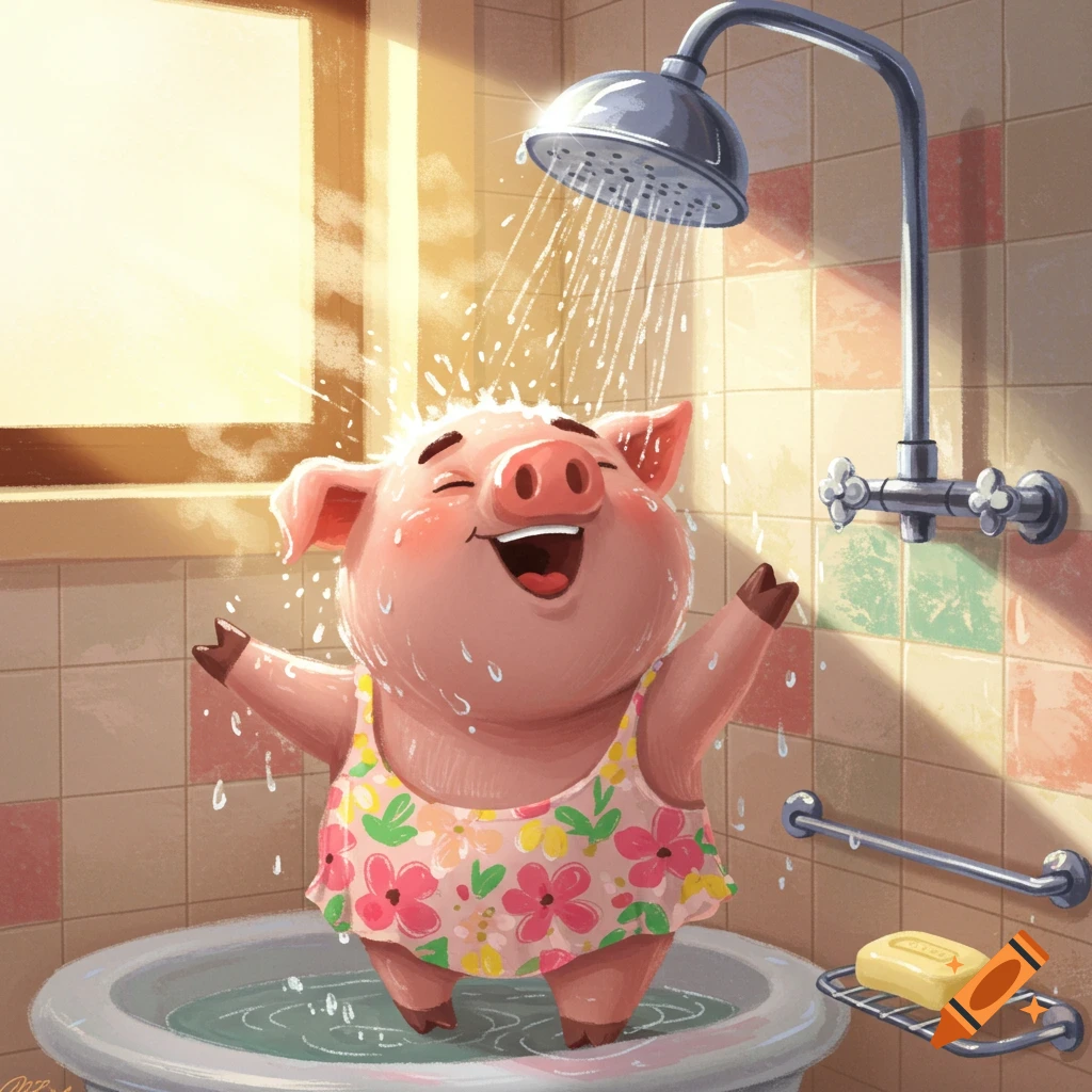 A cheerful cartoon pig in a floral swimsuit happily splashes in a bathtub under a shower in a brightly lit bathroom.