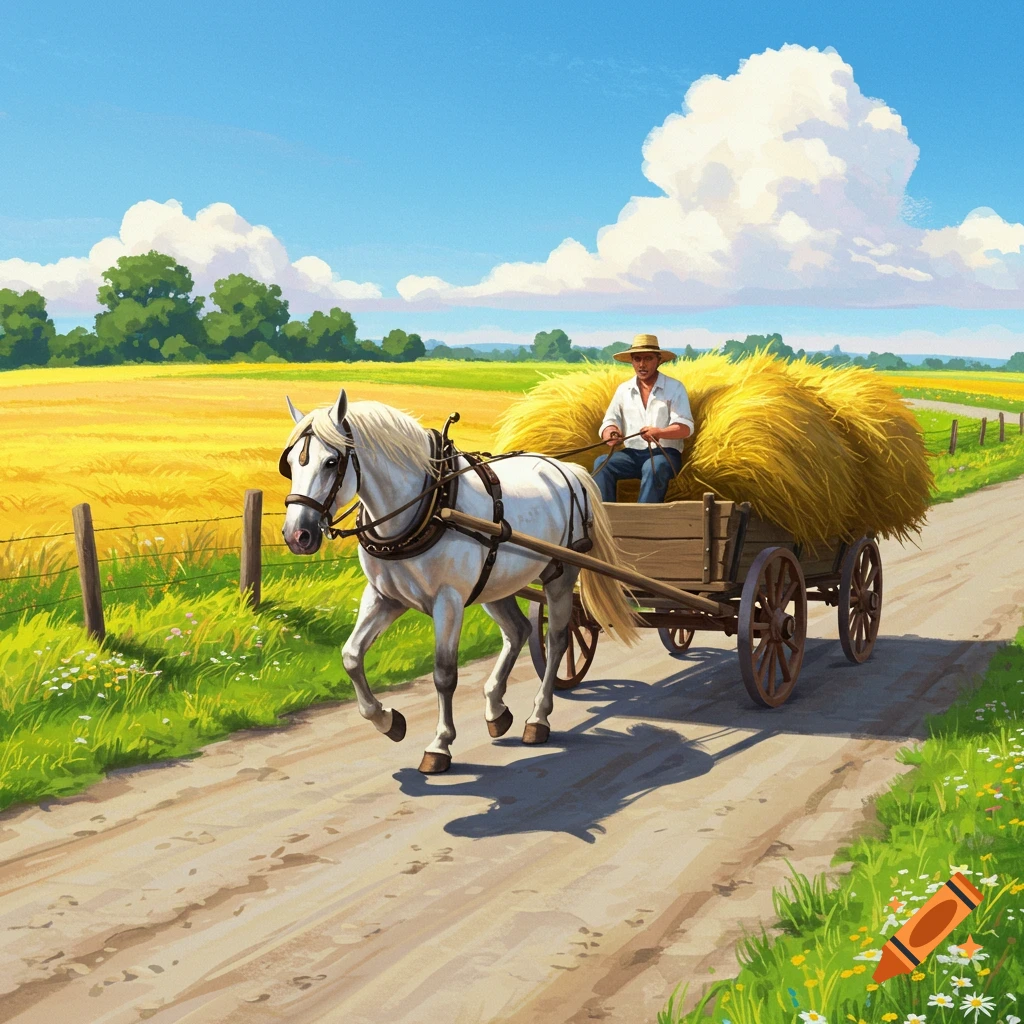 A man drives a white horse pulling a hay-laden cart down a dirt road through golden fields under a bright blue sky, in a painterly style.