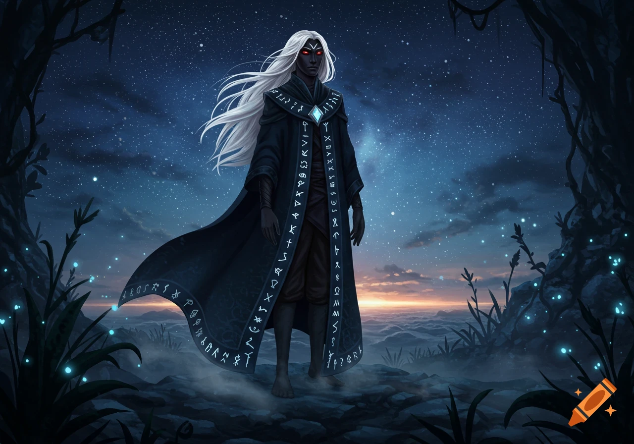 A dark-skinned elf with long white hair and red eyes stands in a runic robe under a starry night sky, with glowing plants in the foreground, digital painting.