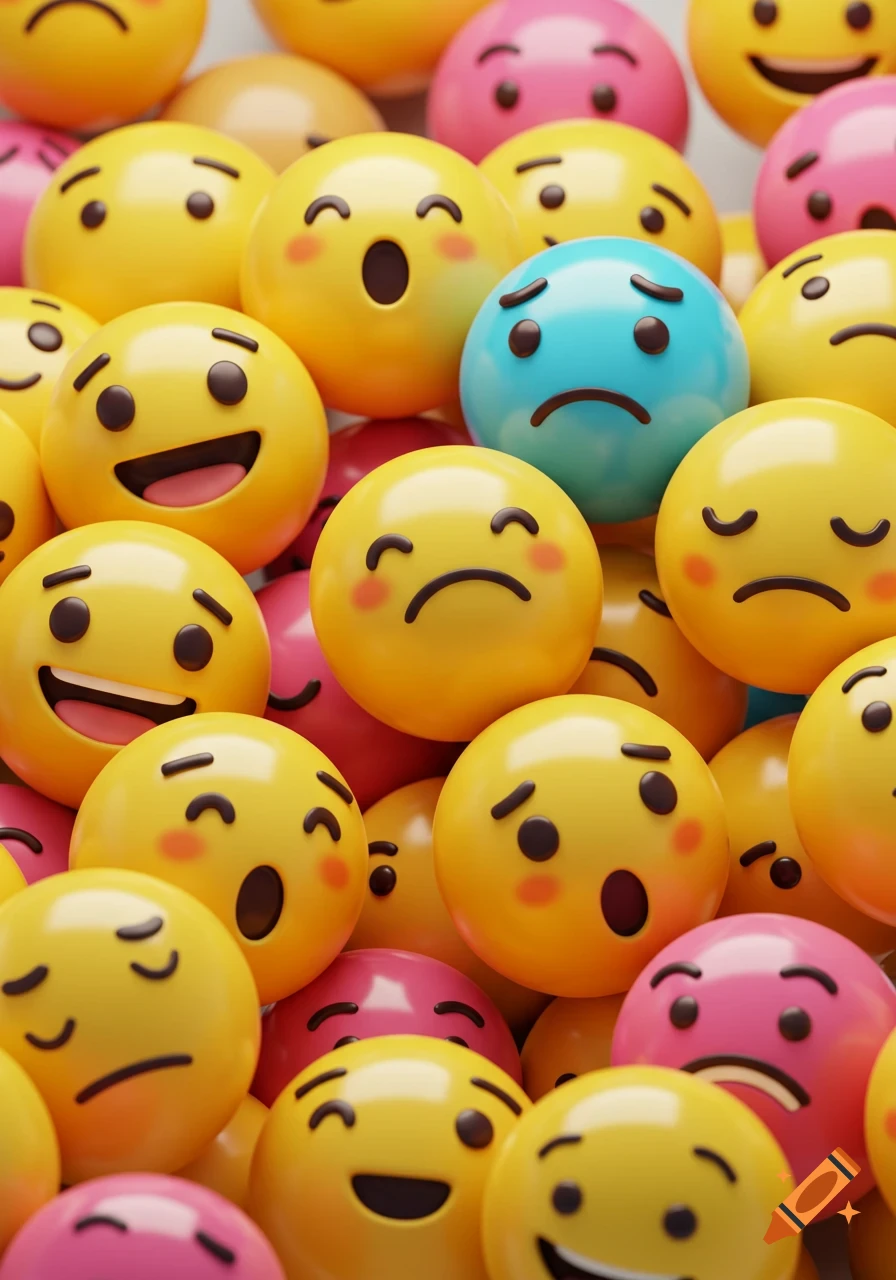 A close-up of a pile of diverse 3D emojis, mostly yellow and pink, showing various expressions, including one blue sad emoji.
