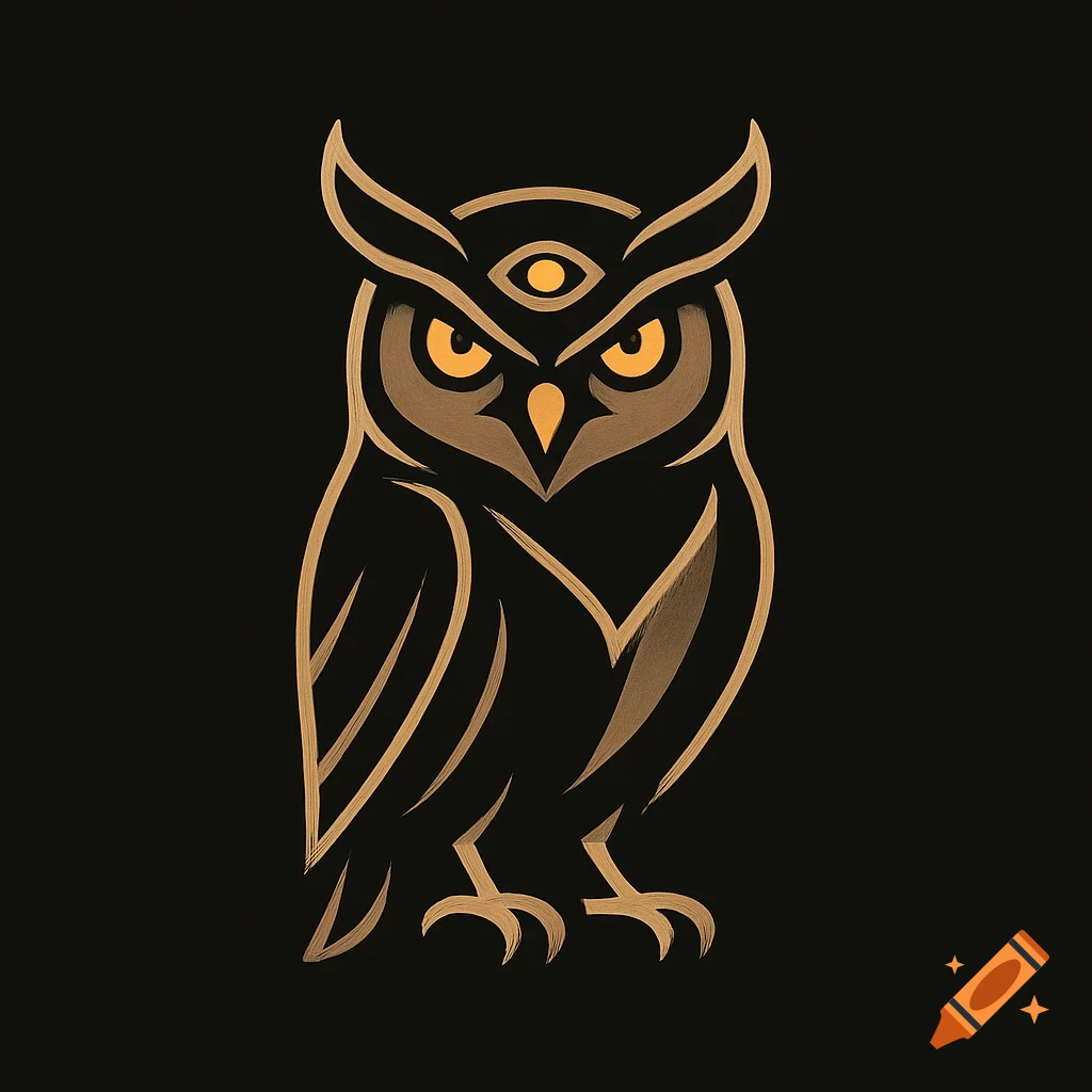 A stylized logo featuring a golden outline of an owl with a prominent third eye on a black background.