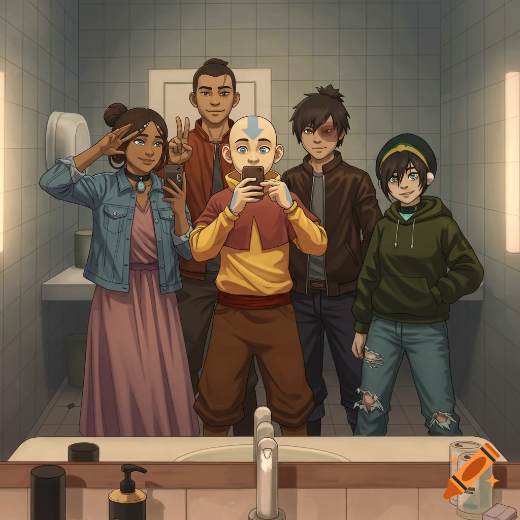 Avatar: The Last Airbender characters in modern clothes take a group mirror selfie in a bathroom.