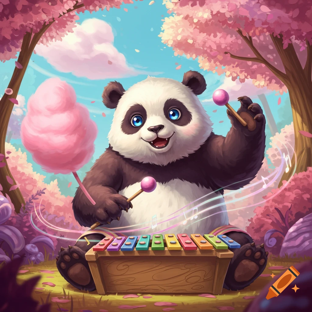 A cute cartoon panda with blue eyes smiles while playing a colorful xylophone, surrounded by pink cherry blossom trees, musical notes, and a large pink cotton candy.