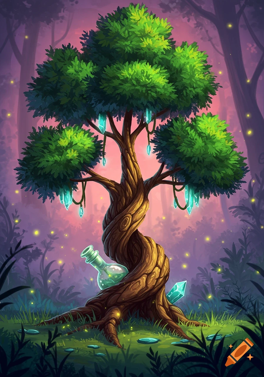 A vibrant, whimsical fantasy tree with a twisted trunk, lush green leaves, and glowing turquoise crystals hanging from its branches, set in an enchanting forest with fireflies and a glass bottle near its roots.