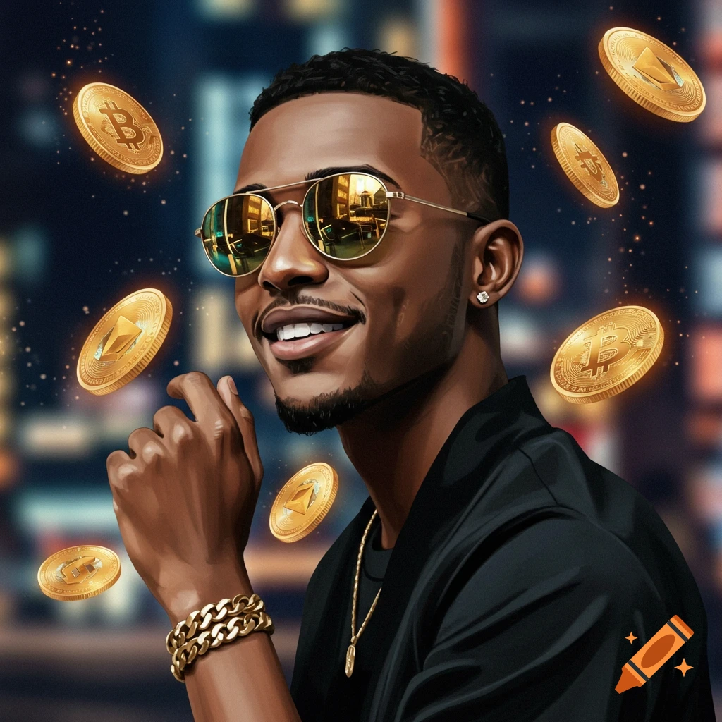 A smiling man with sunglasses and gold jewelry, surrounded by floating Bitcoin and Ethereum coins, against a blurred city lights background.