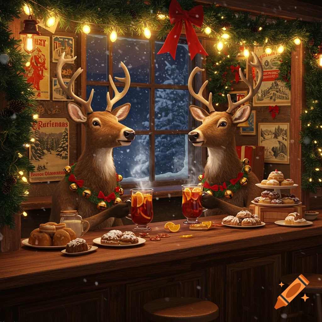 Two reindeer in festive collars at a cozy Christmas bar, enjoying mulled wine and pastries by a snowy window.