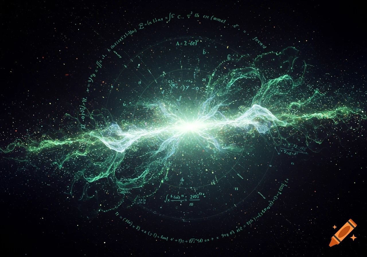 Abstract visualization of quantum mechanics with a bright green energy burst, mathematical formulas, and particles in space.