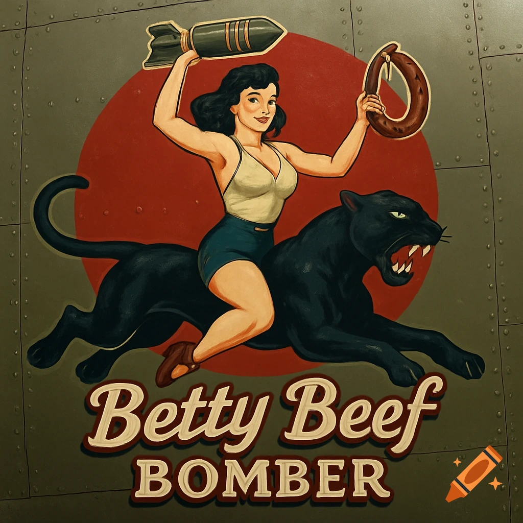 Retro WWII bomber nose art of a pin-up woman riding a black panther, holding a bomb and sausage, with 'Betty Beef Bomber' text.