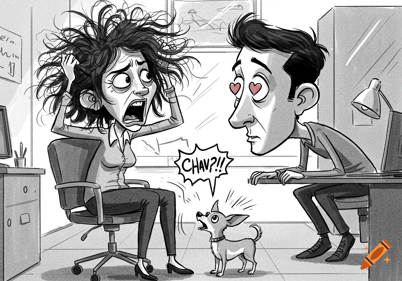 Black and white caricature of a woman pulling her hair and screaming in an office, while a man next to her stares with heart eyes and a chihuahua barks at her, saying "CHAV?!!"