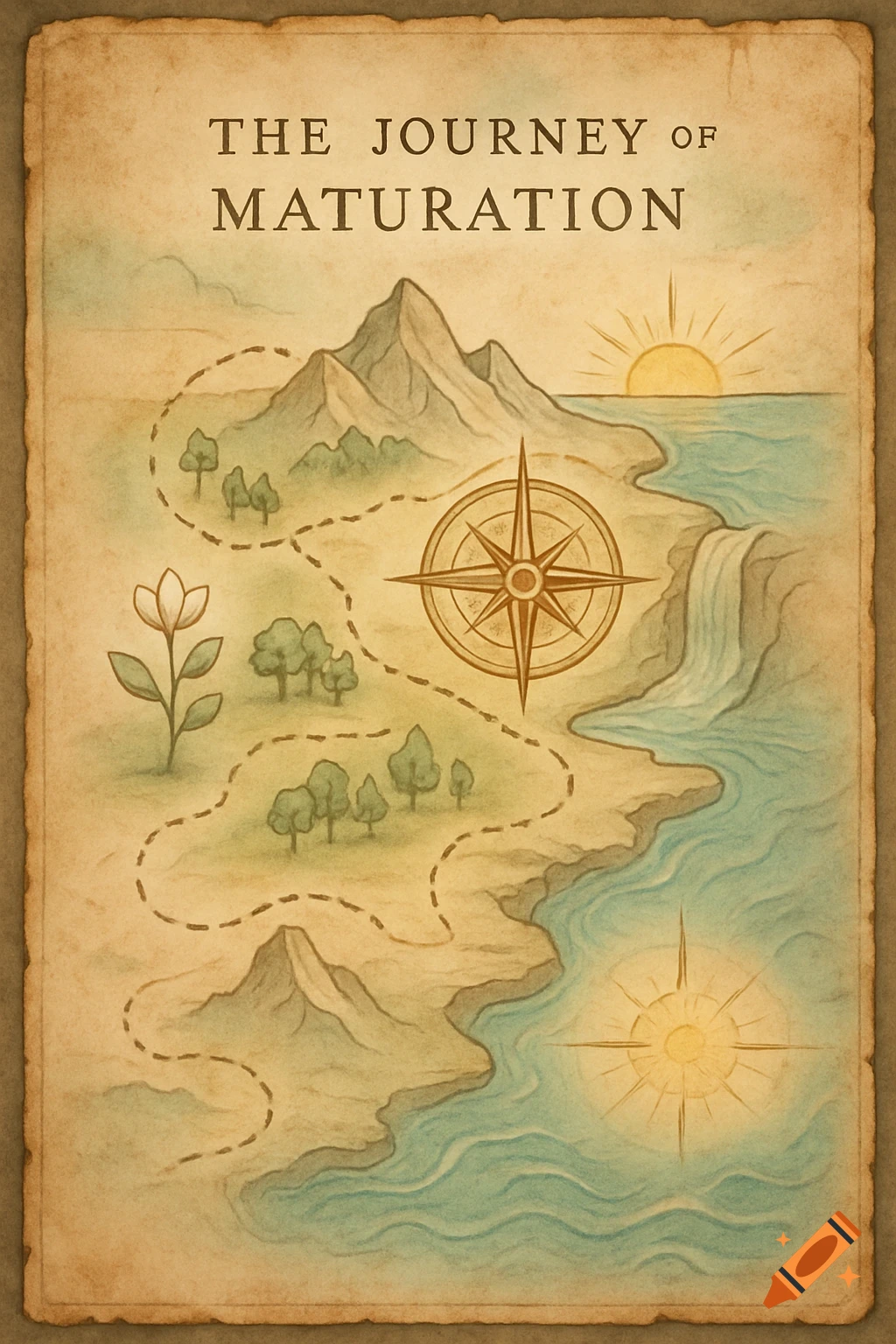 An old, stylized map titled 'The Journey of Maturation' featuring mountains, trees, a river, a compass rose, and a dotted path.