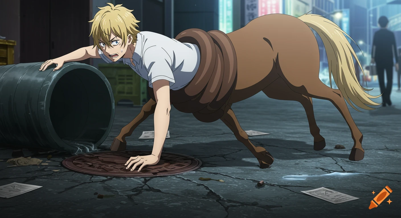 A blond anime centaur, with a brown horse body, struggles to get up from an overturned barrel and manhole on a dark city street.