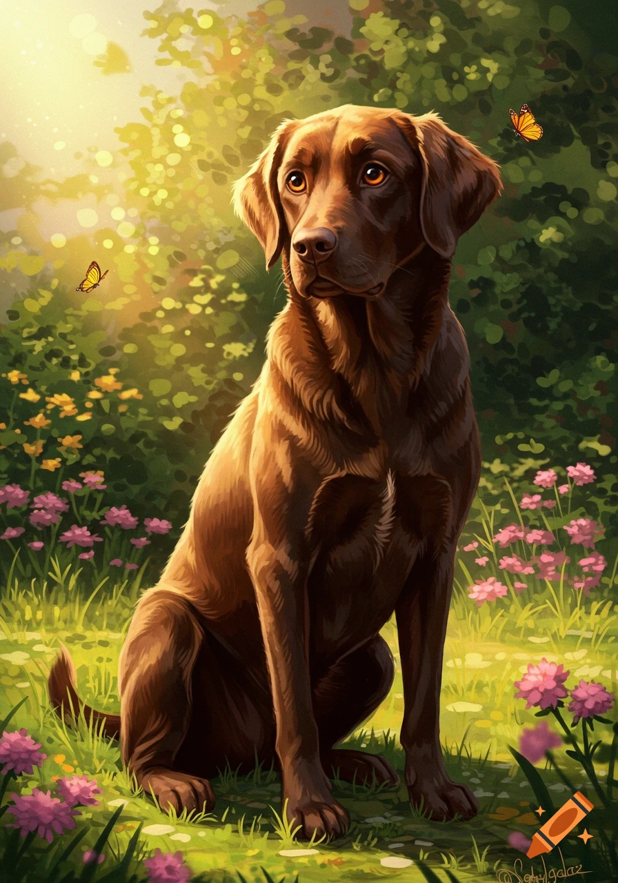 A chocolate labrador sits in a sunlit field surrounded by pink and yellow flowers, with two butterflies fluttering, in an illustrative style.