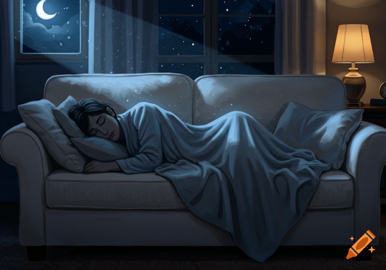 A person sleeps covered by a blanket on a couch in a dimly lit room with moonlight coming through a window.