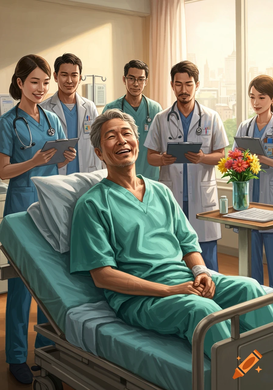 A happy elderly patient smiles in a hospital bed, surrounded by a smiling medical team holding clipboards, with flowers on a table.