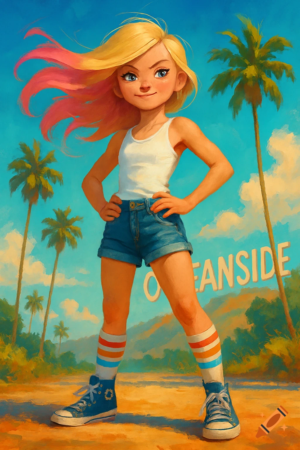 A cartoon girl with blonde hair and a pink streak stands confidently in a white tank top, jean shorts, and striped socks against a beach backdrop with palm trees and a "OCEANSIDE" sign.