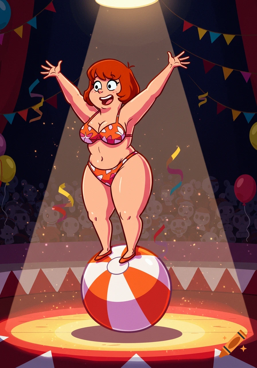 A joyful, curvy cartoon woman with red hair in a polka-dot bikini balances on a striped beach ball under a circus spotlight.