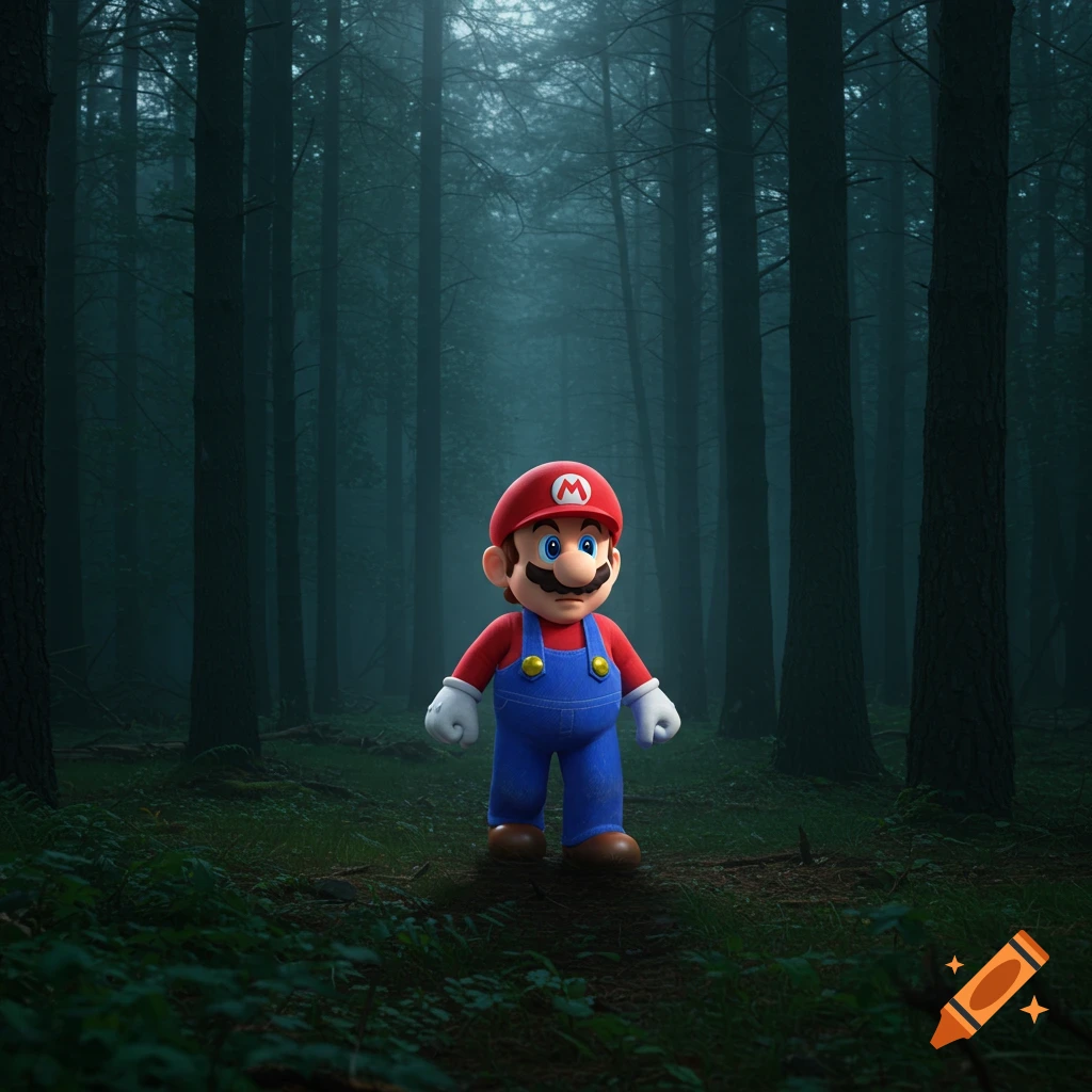 A 3D rendered Mario stands in a dark, misty forest, looking concerned.