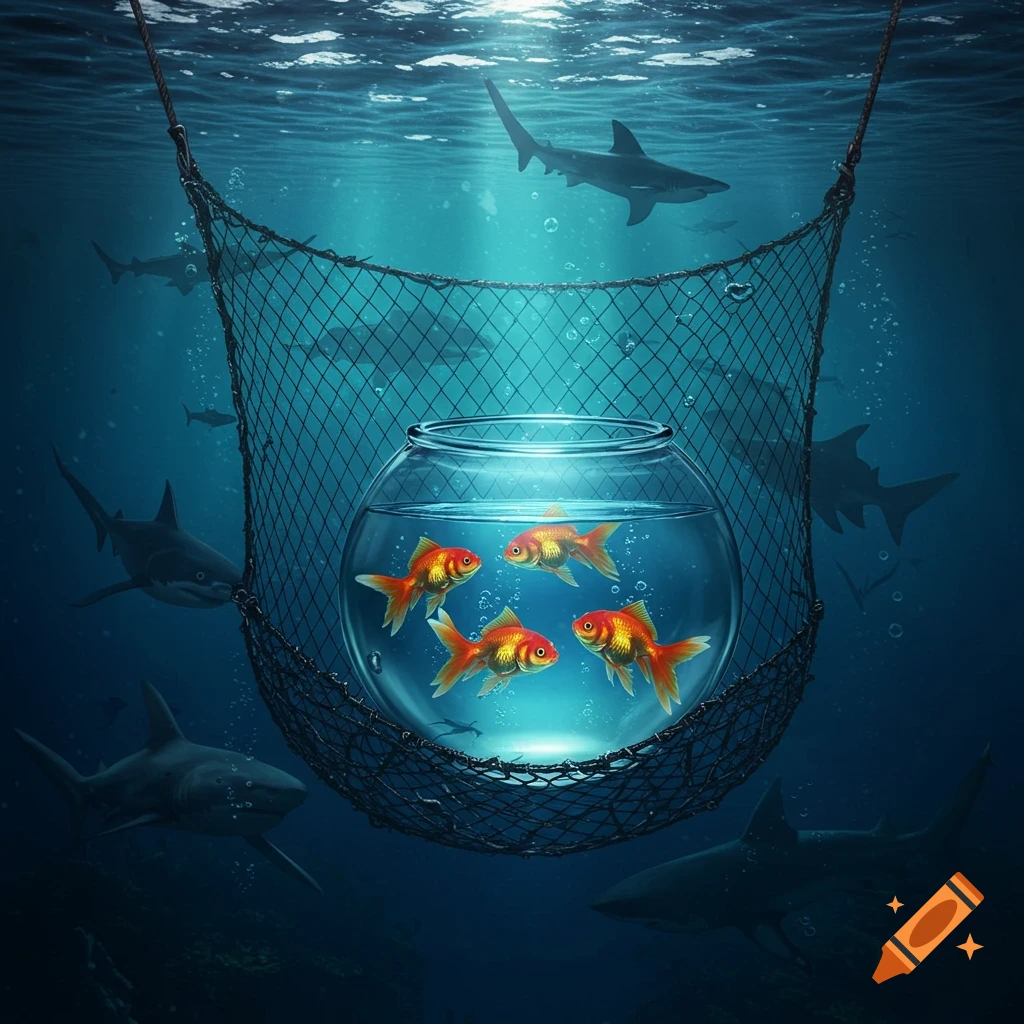Four goldfish in a glass bowl are suspended in a fishing net underwater, surrounded by several sharks.