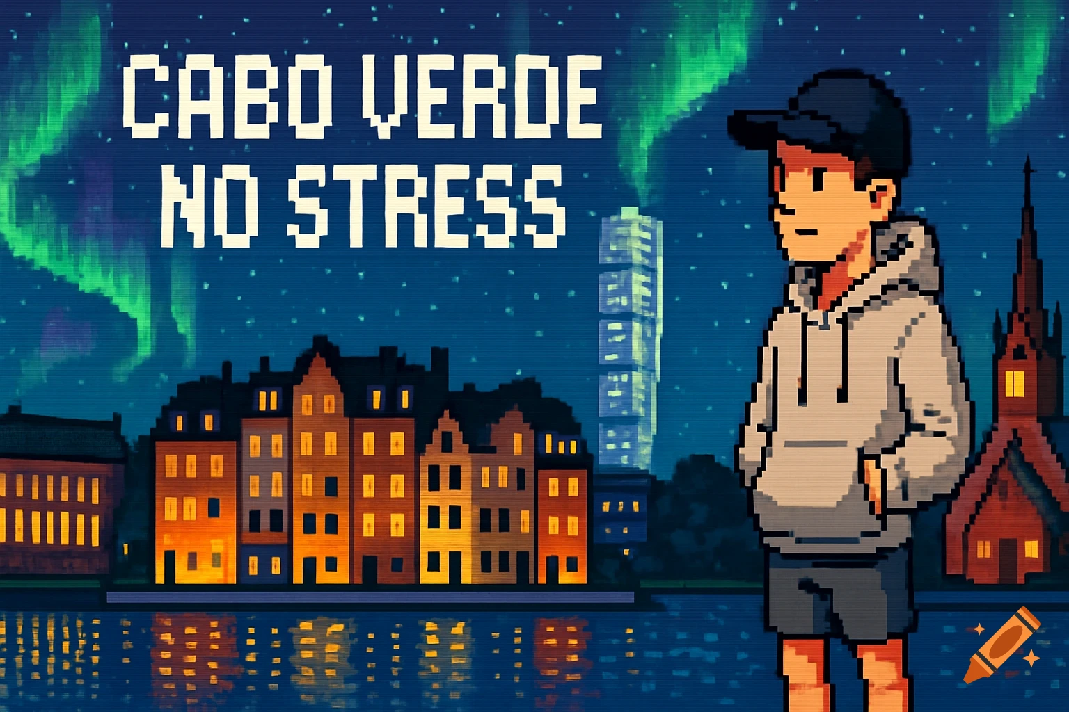 Pixel art night scene with a character in a hoodie and cap, city skyline, Northern Lights, and 'CABO VERDE NO STRESS' text.
