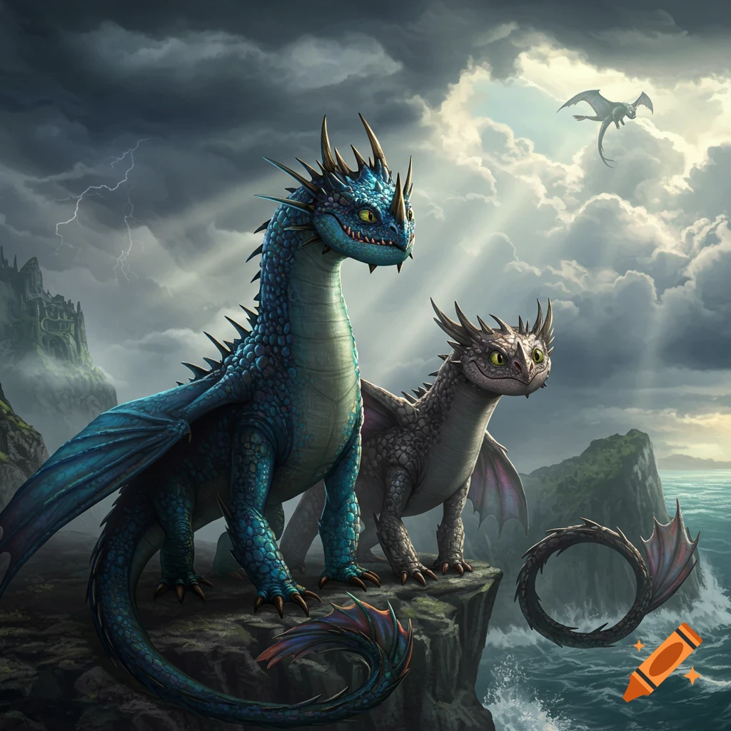 Two detailed dragons, one blue and one white, stand on a stormy cliff overlooking the ocean with a castle, while another dragon flies.