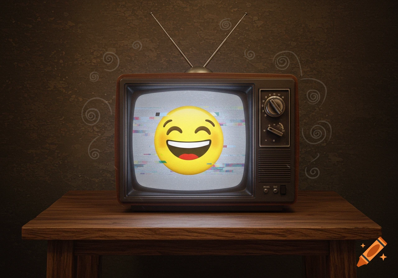 A laughing emoji on an old television with rabbit ear antennas sits on a wooden table.