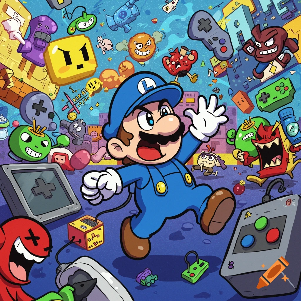 A colorful, chaotic cartoon illustration featuring a blue-clad Luigi surrounded by various angry and cheerful video game-inspired characters and objects.