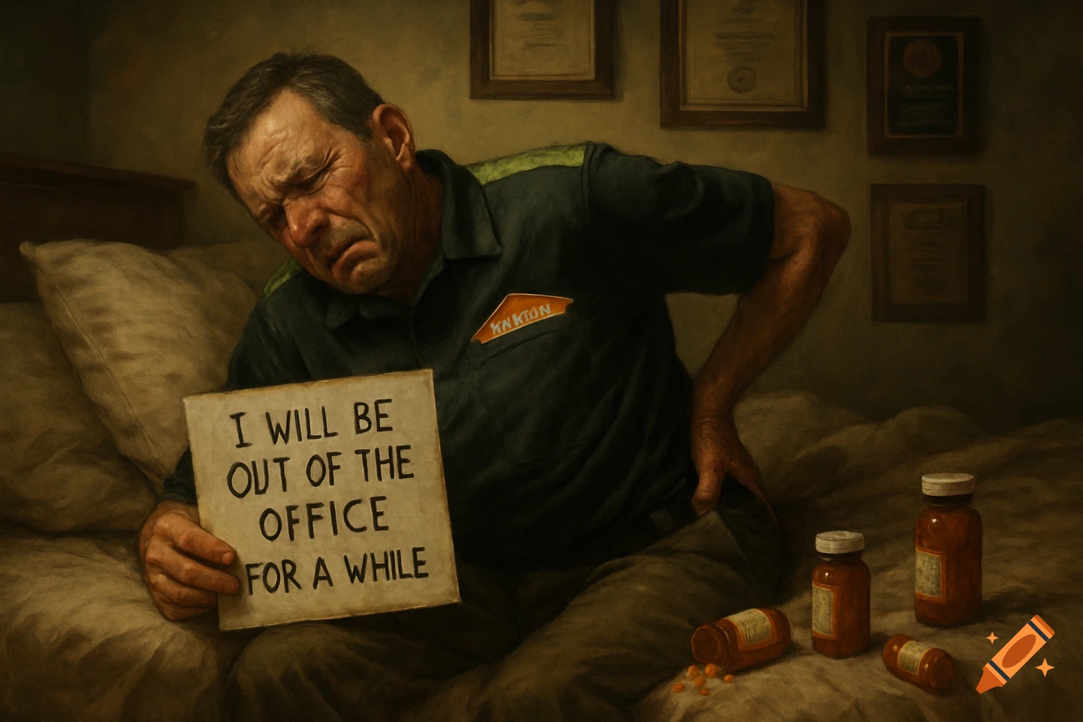 A photorealistic painting of a man with back pain in bed, holding a sign 'I will be out of the office for a while' with pill bottles nearby.