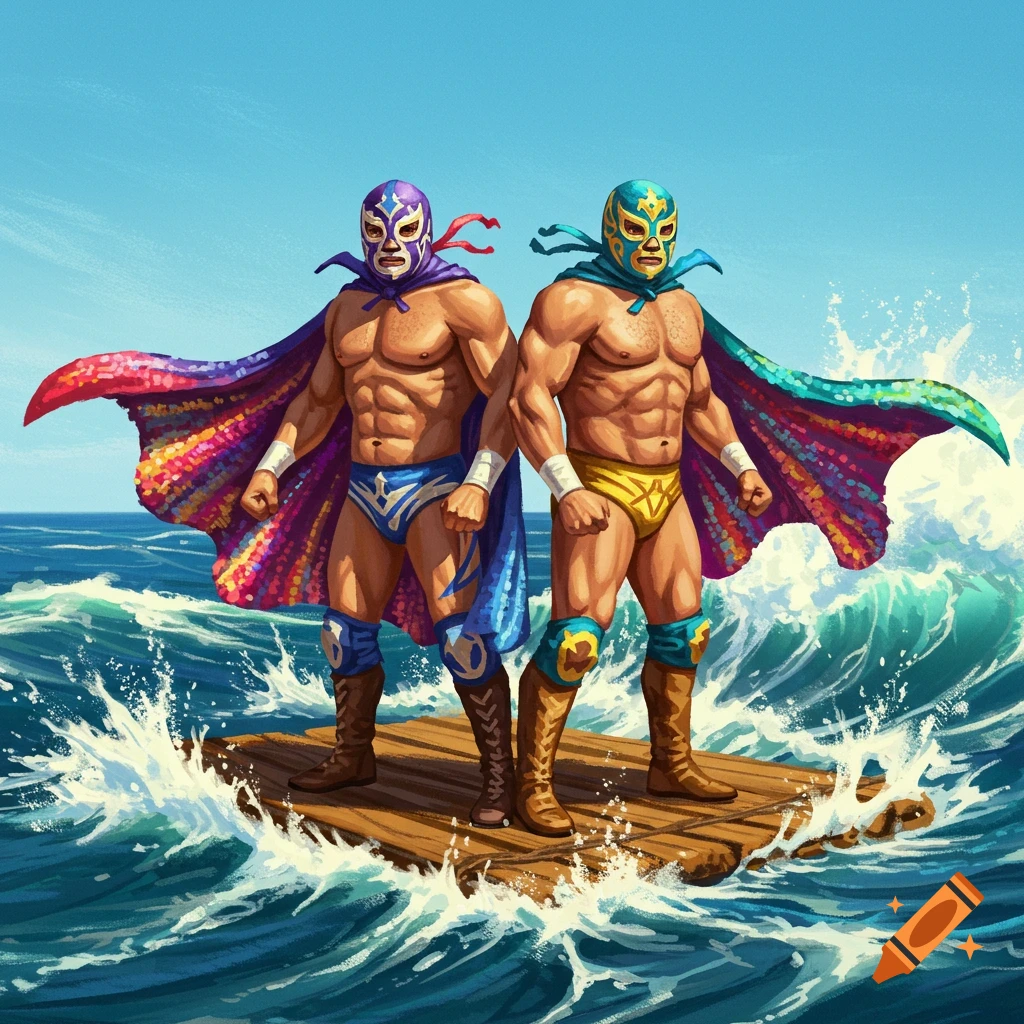 Two muscular luchadores in colorful masks and capes stand on a raft in a choppy blue ocean under a clear sky.
